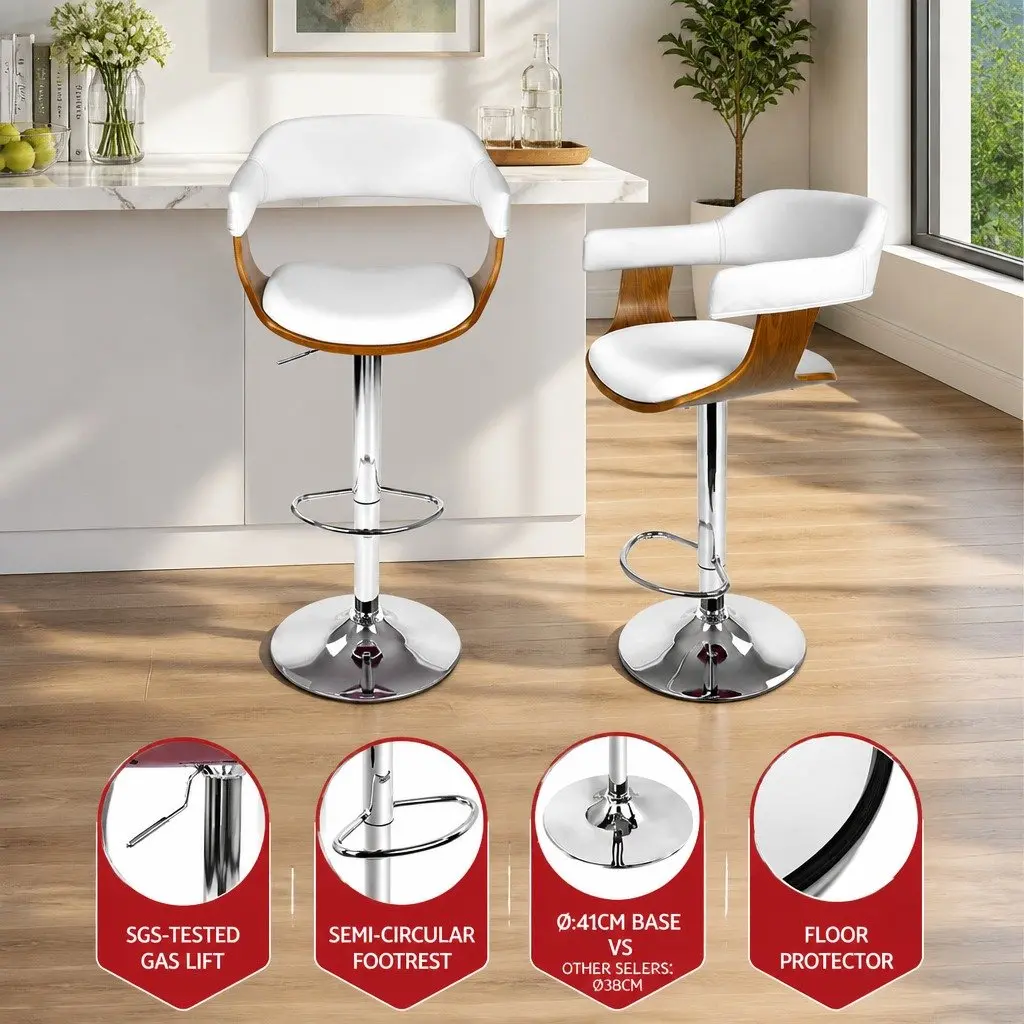 Bar Stools Gas Lift Swivel Chair Wooden Seat Armrest White Set of 2