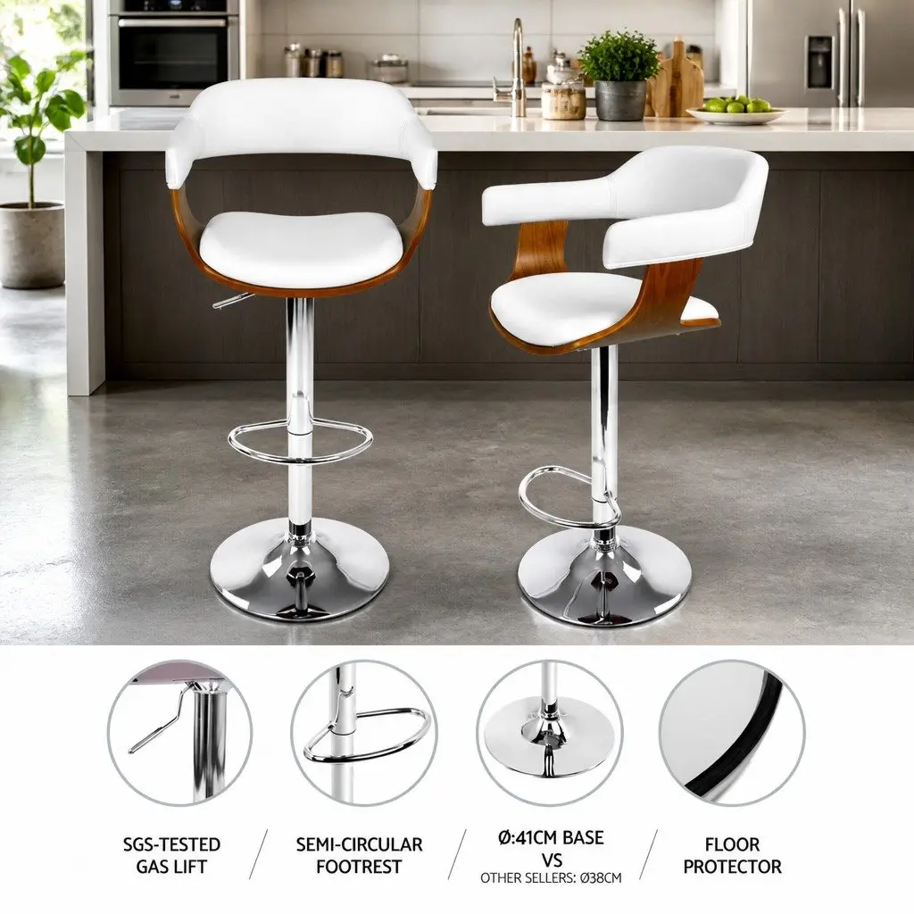 Bar Stools Height Adjustable Swivel Seat White Armrest Chrome Base 4 Piece