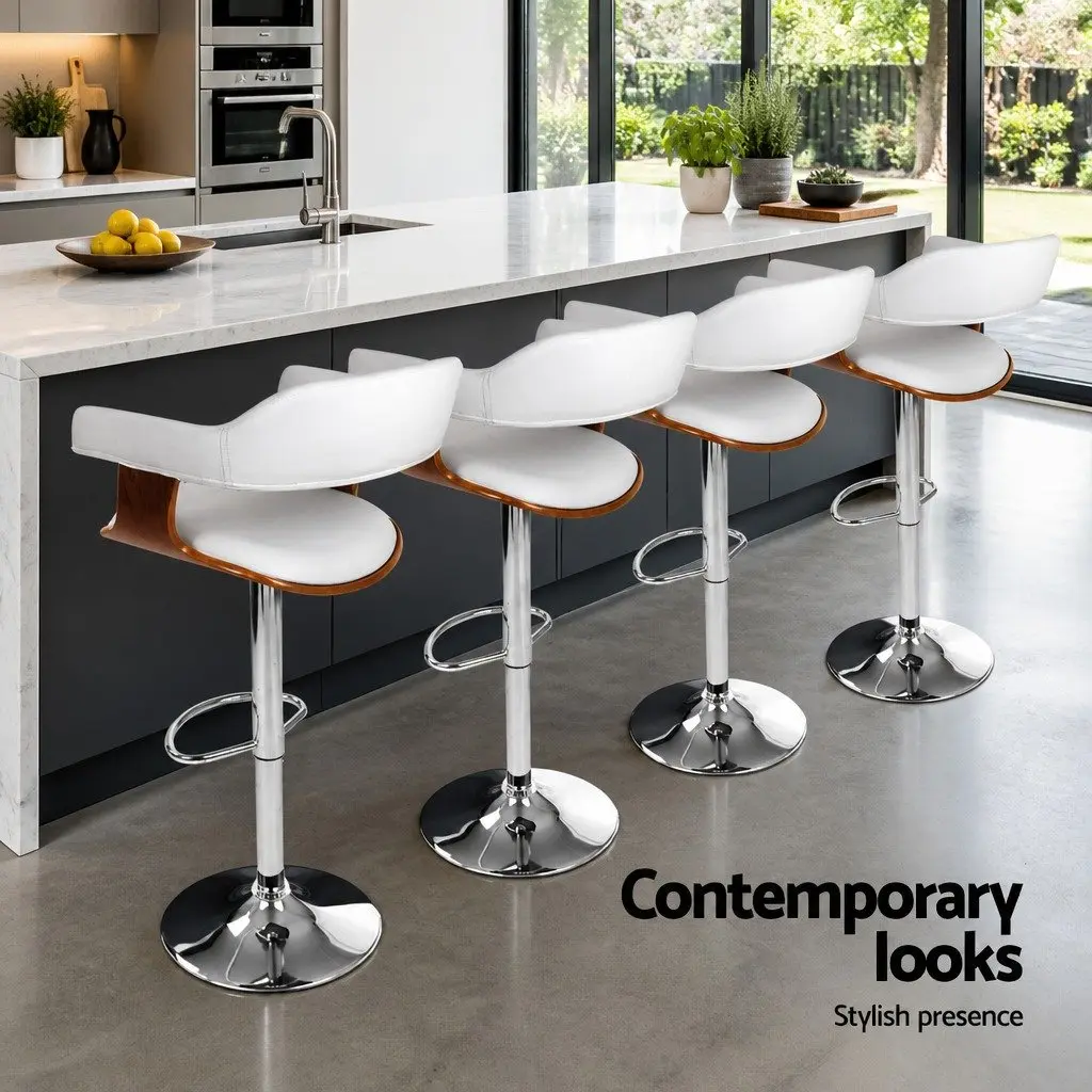 Bar Stools Height Adjustable Swivel Seat White Armrest Chrome Base 4 Piece