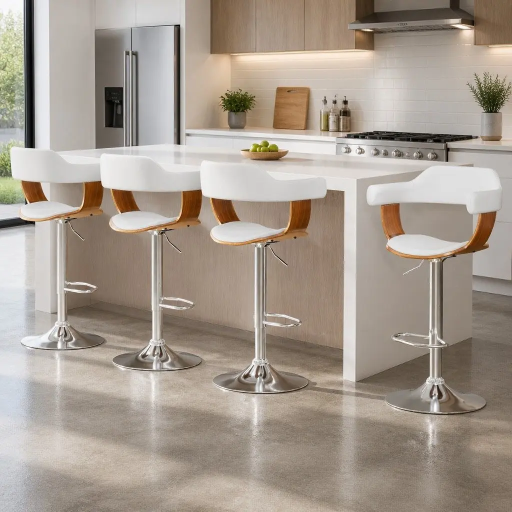 Bar Stools Height Adjustable Swivel Seat White Armrest Chrome Base 4 Piece