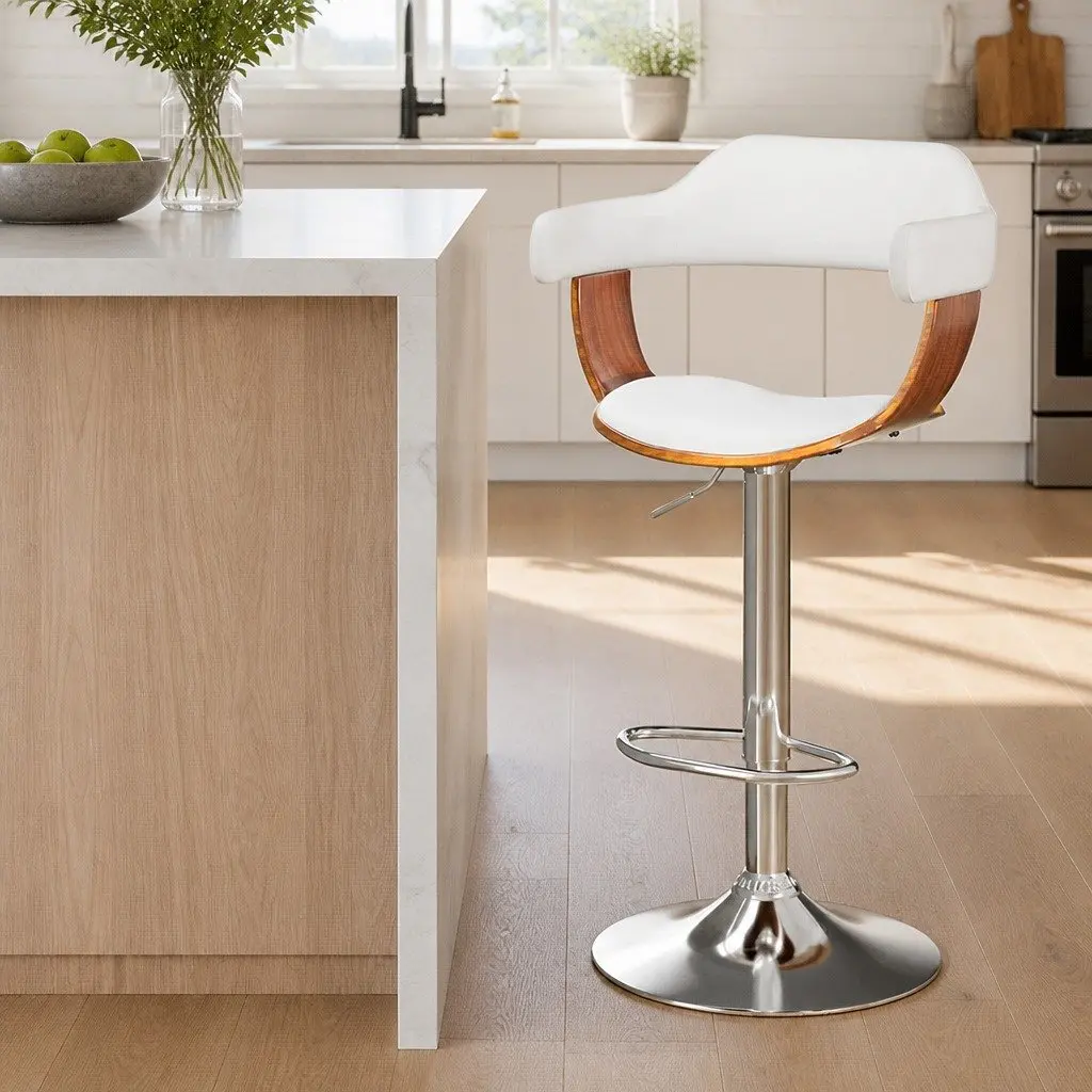 Bar Stools Swivel Chair White Padded Seat Adjustable Height Chrome Base