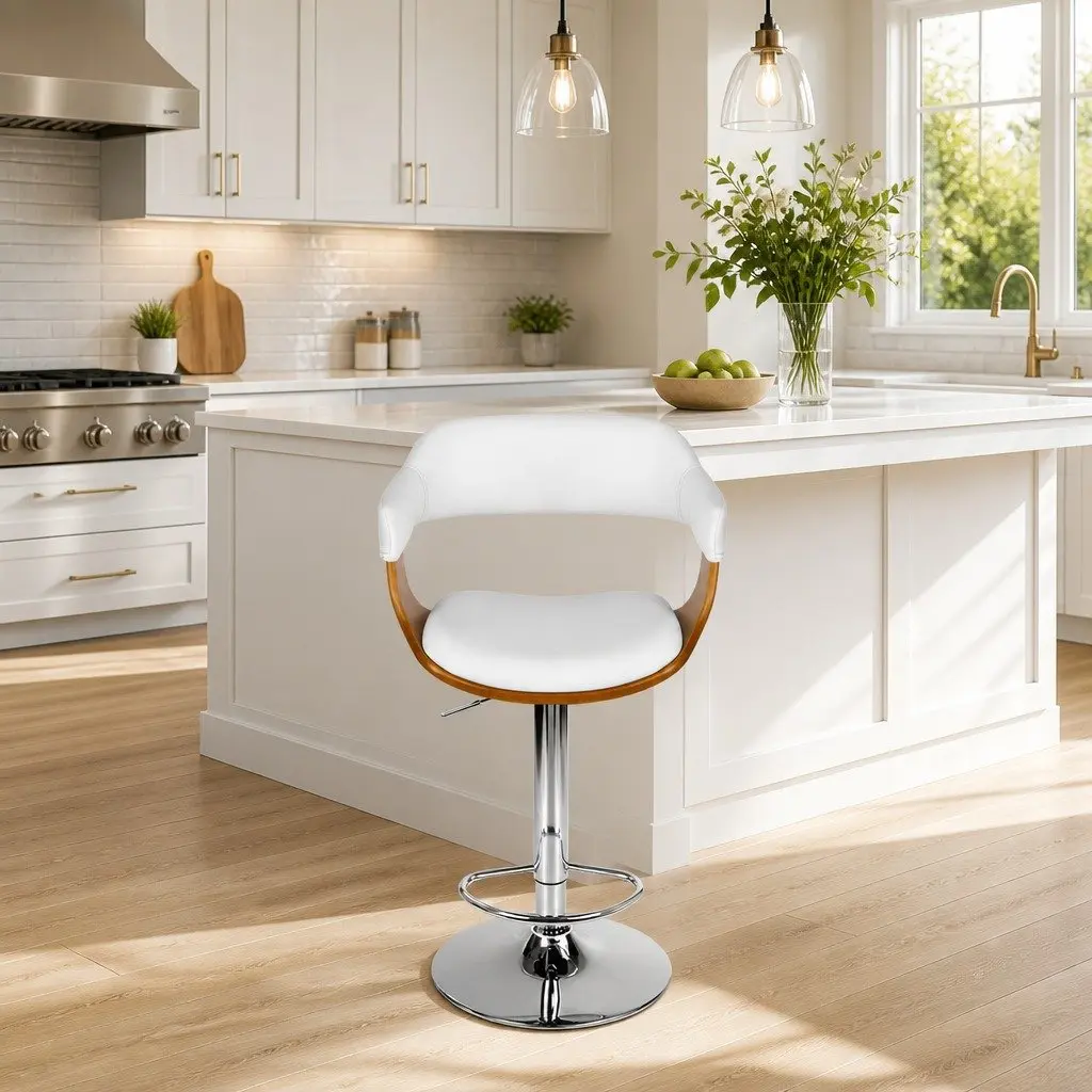 Bar Stools Swivel Chair White Padded Seat Adjustable Height Chrome Base