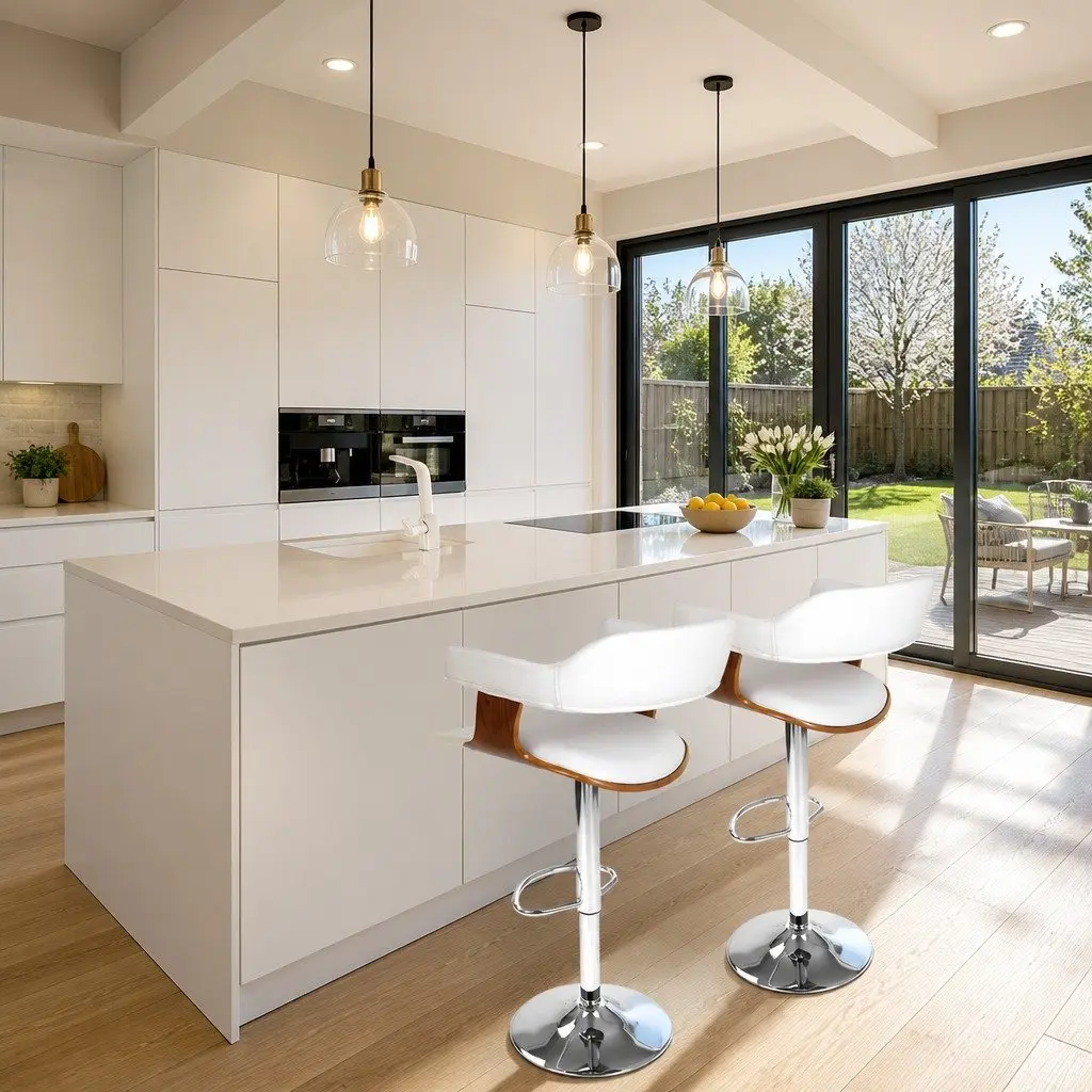 Bar Stools Swivel Chair White Padded Seat Adjustable Height Chrome Base