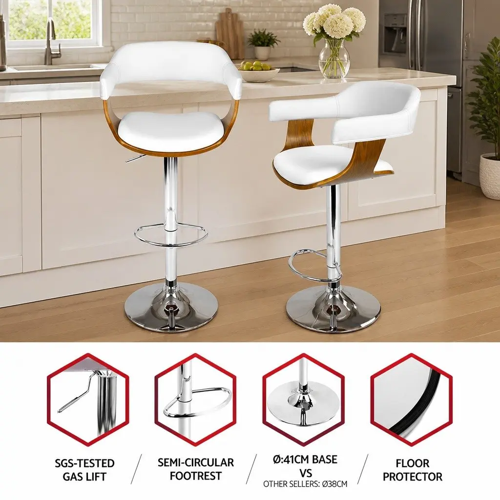 Bar Stools Swivel Chair White Padded Seat Adjustable Height Chrome Base
