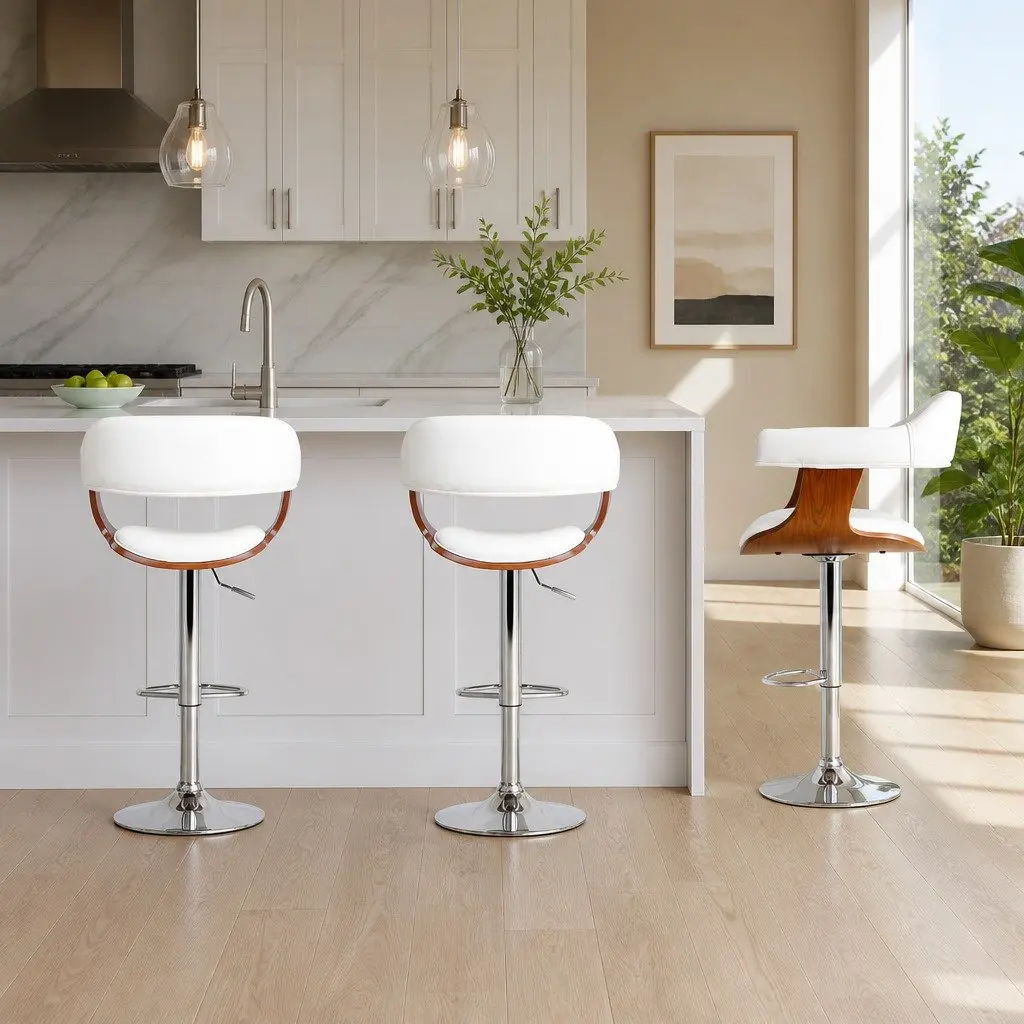 Bar Stools Swivel Chair White Padded Seat Adjustable Height Chrome Base