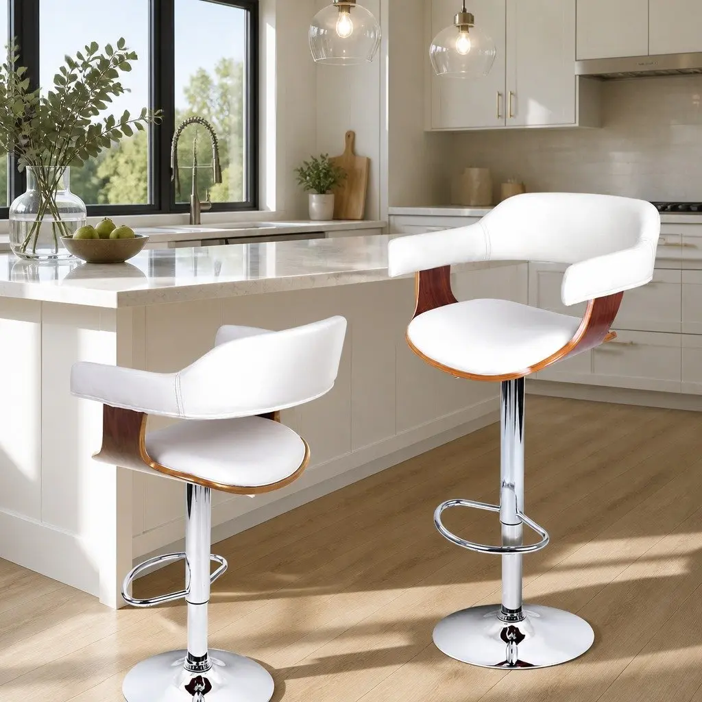 Bar Stools Swivel Chair White Padded Seat Adjustable Height Chrome Base