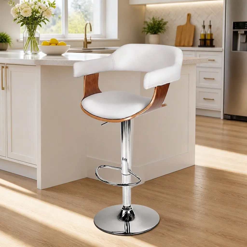 Bar Stools Swivel Chair White Padded Seat Adjustable Height Chrome Base