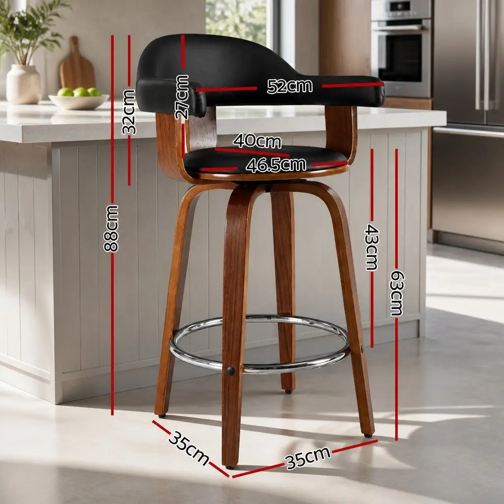 Bar Stools Set of 2 Padded Seat Wooden Legs Rotatable Mid-Height Backrest Black