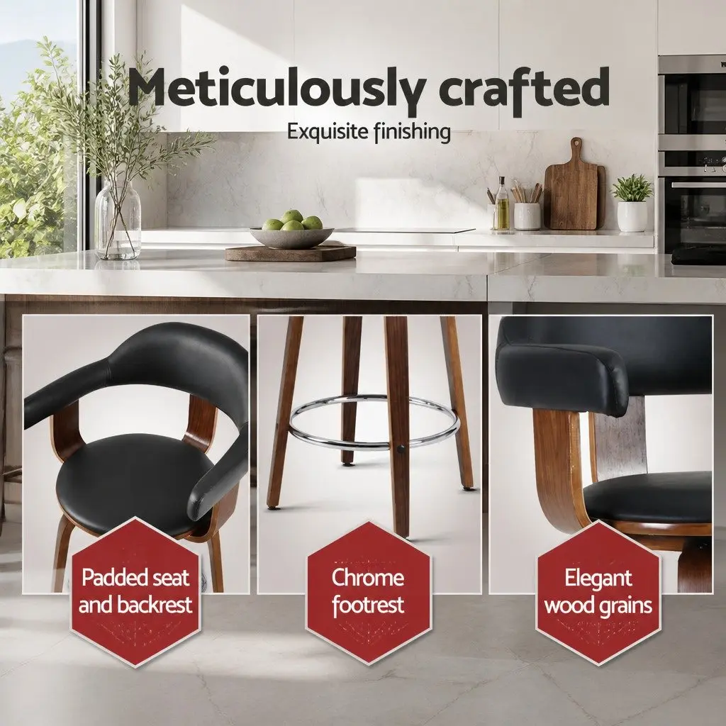 Bar Stools Set of 2 Padded Seat Wooden Legs Rotatable Mid-Height Backrest Black