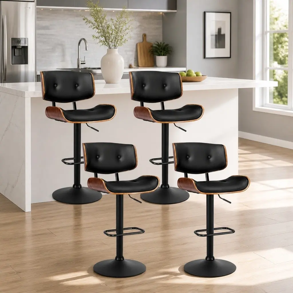Bar Stools 4 Pack PU Leather Padded Seat 360 Rotatable Black
