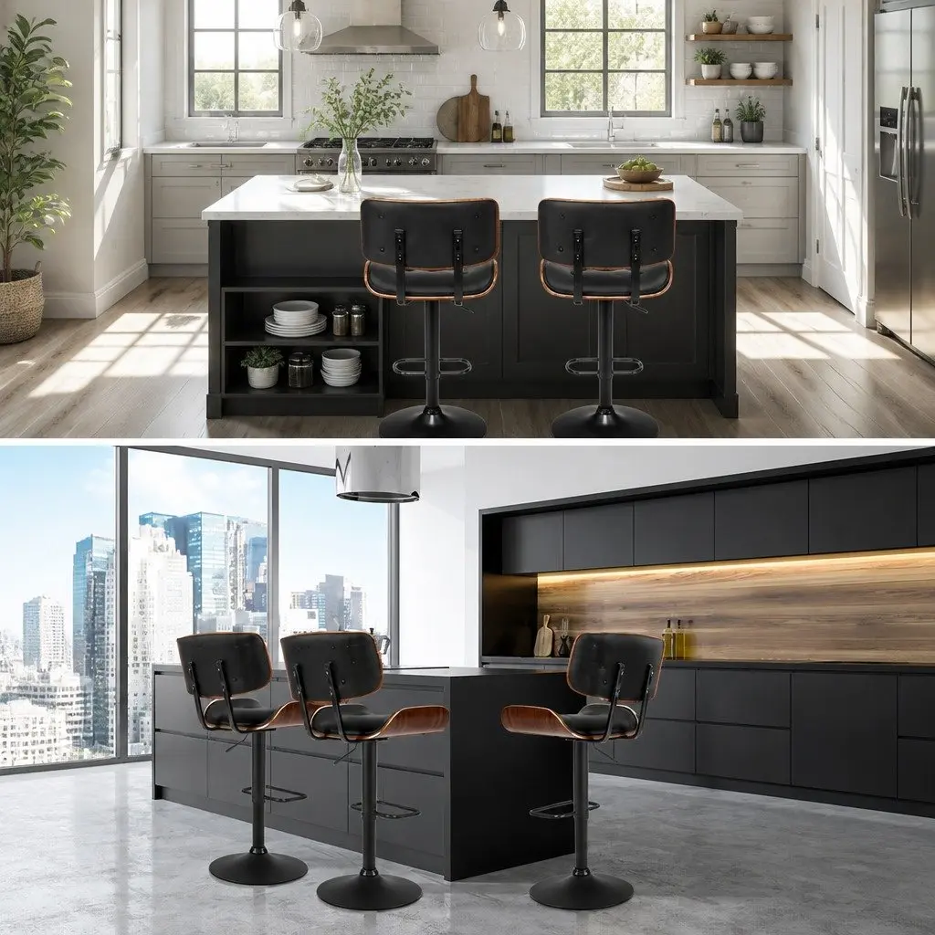 Bar Stools 4 Pack PU Leather Padded Seat 360 Rotatable Black