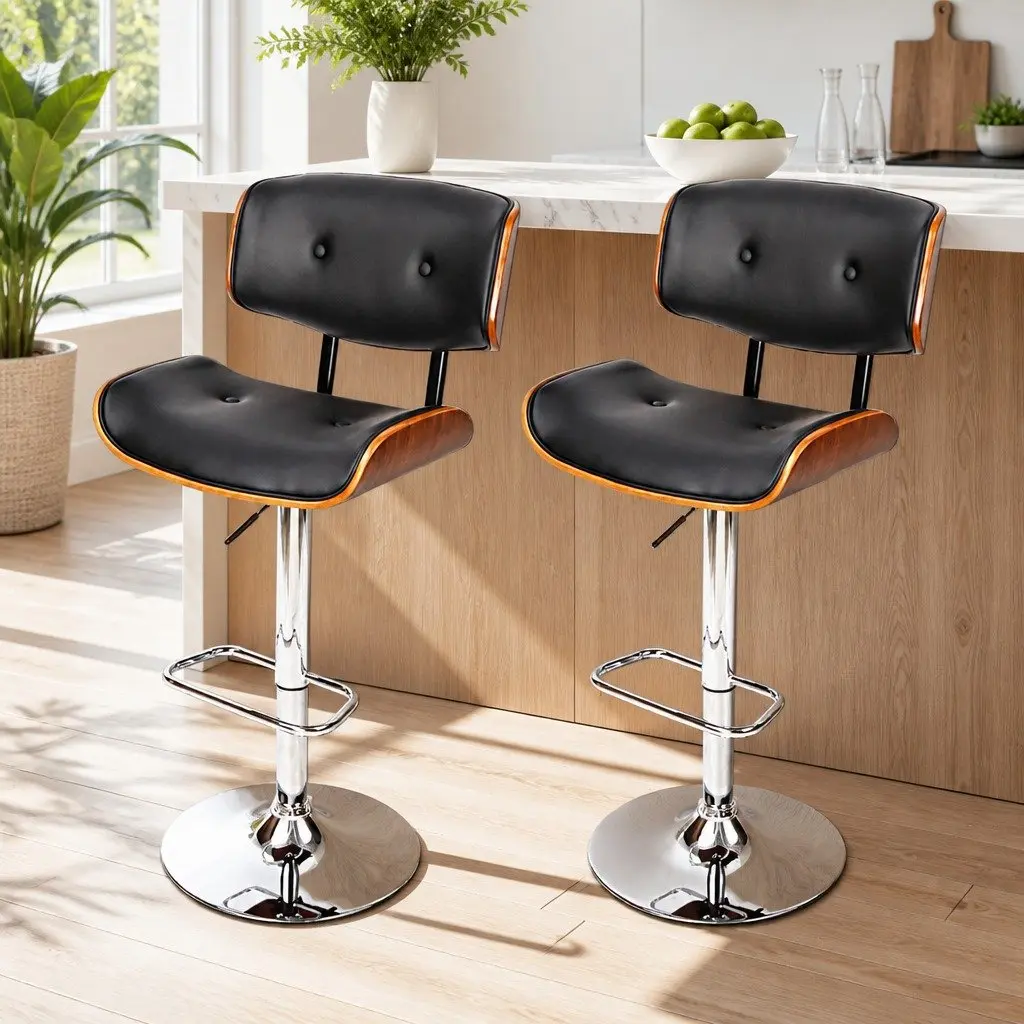 Bar Stools Gas Lift Swivel Wooden Seat Chrome Base PU Leather Black Set of 2