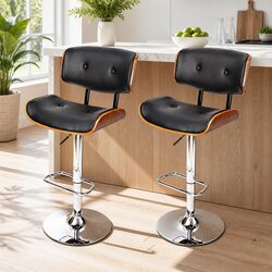 Bar Stools Gas Lift Swivel Wooden Seat Chrome Base PU Leather Black Set of 2