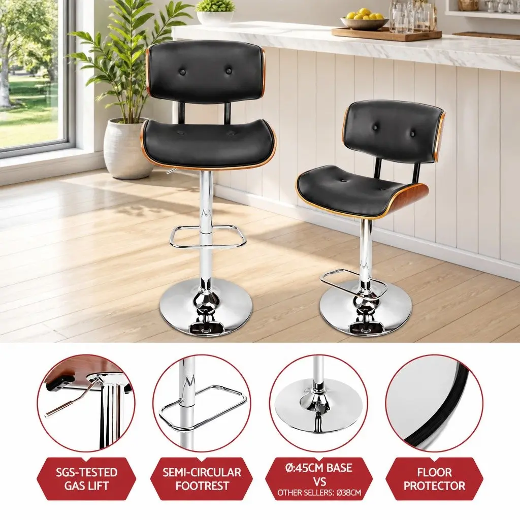 Bar Stools Gas Lift Swivel Wooden Seat Chrome Base PU Leather Black Set of 2