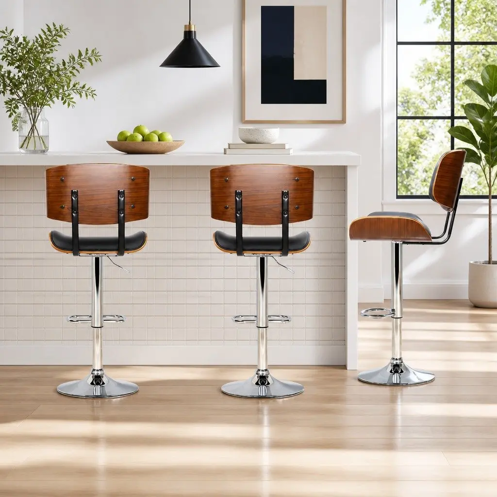 Bar Stools Gas Lift Swivel Wooden Seat Chrome Base PU Leather Black Set of 2