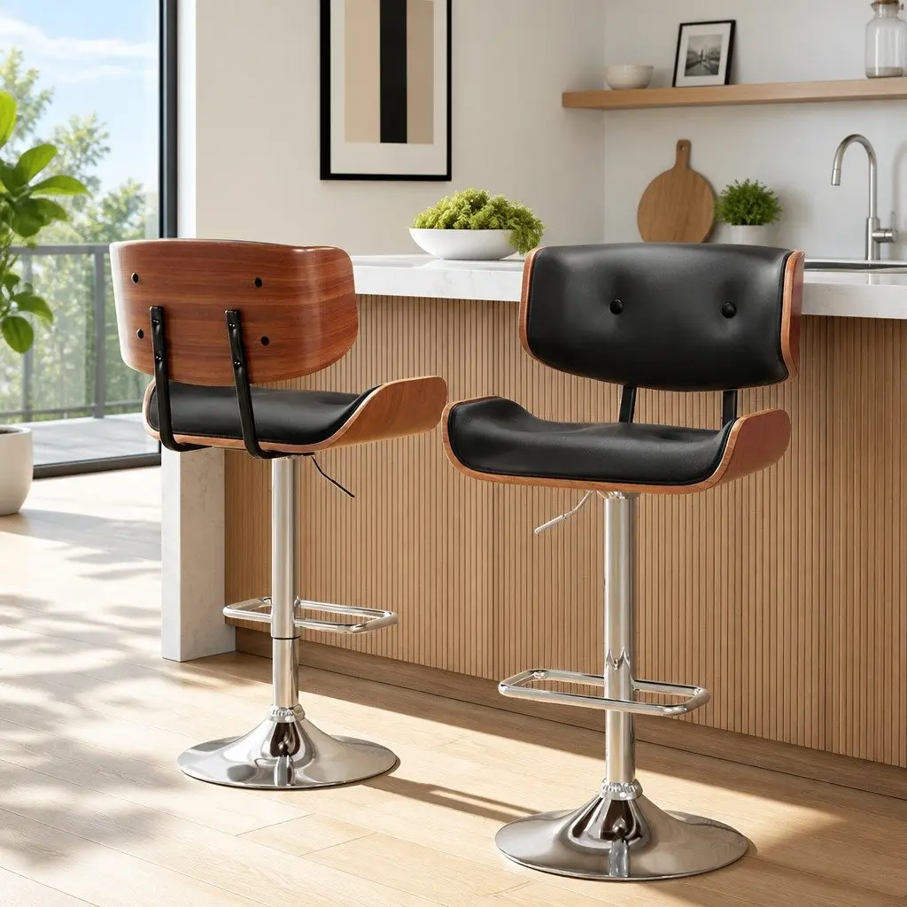 Bar Stools Gas Lift Swivel Wooden Seat Chrome Base PU Leather Black Set of 2