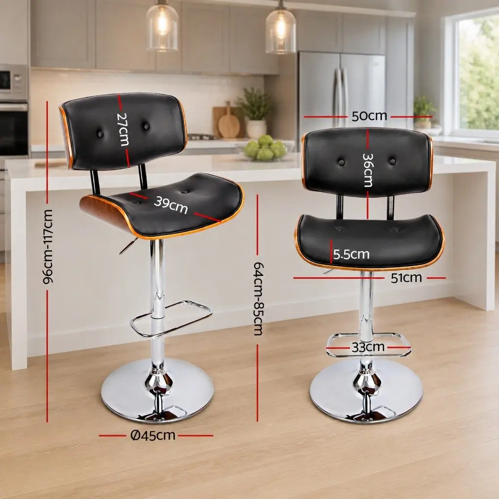 Bar Stools Gas Lift Swivel Black Padded Seat Chrome Base Height Adjustable 51cm W x 45cm D x 96-117cm H