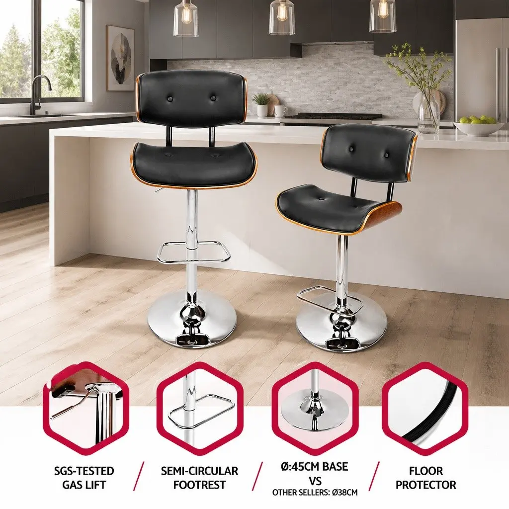 Bar Stools Gas Lift Swivel Black Padded Seat Chrome Base Height Adjustable 51cm W x 45cm D x 96-117cm H