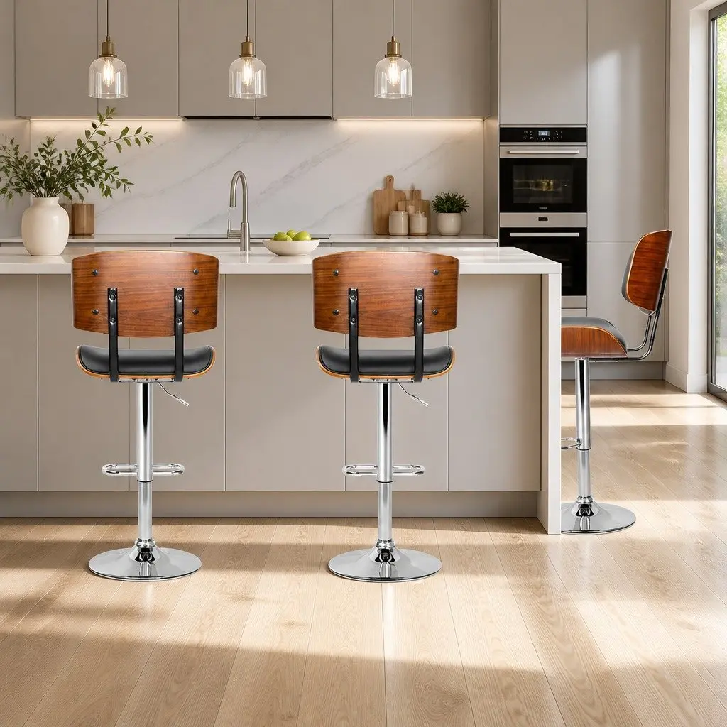 Bar Stools Gas Lift Swivel Black Padded Seat Chrome Base Height Adjustable 51cm W x 45cm D x 96-117cm H