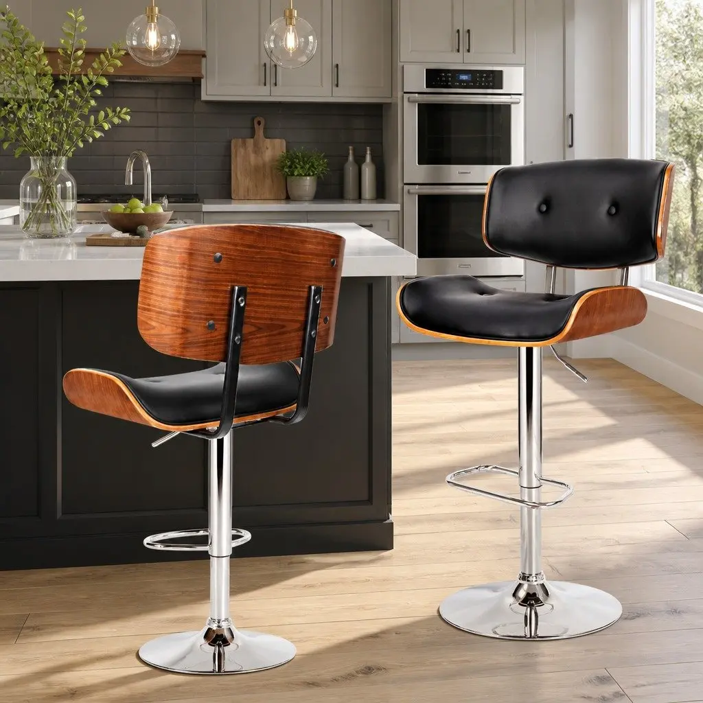 Bar Stools Gas Lift Swivel Black Padded Seat Chrome Base Height Adjustable 51cm W x 45cm D x 96-117cm H