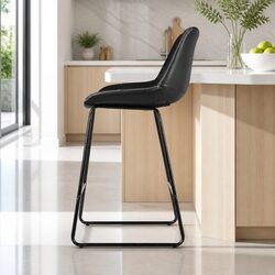Bar Stools Set of 2 Kitchen Counter Chairs Black PU Leather Metal Frame