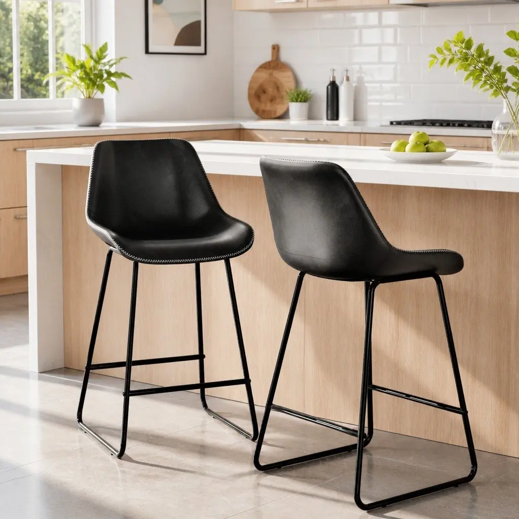 Bar Stools Set of 2 Kitchen Counter Chairs Black PU Leather Metal Frame