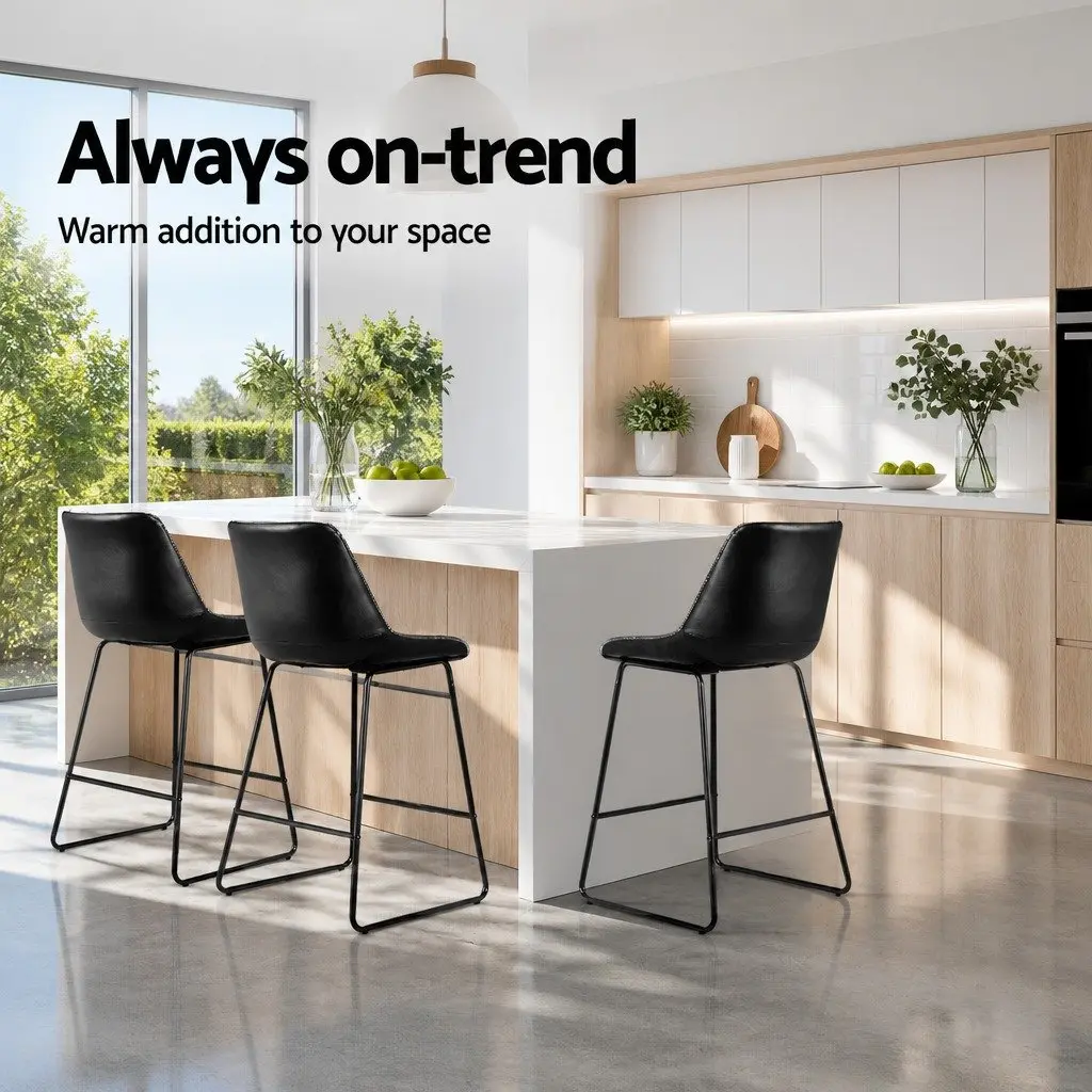 Bar Stools Set of 2 Kitchen Counter Chairs Black PU Leather Metal Frame