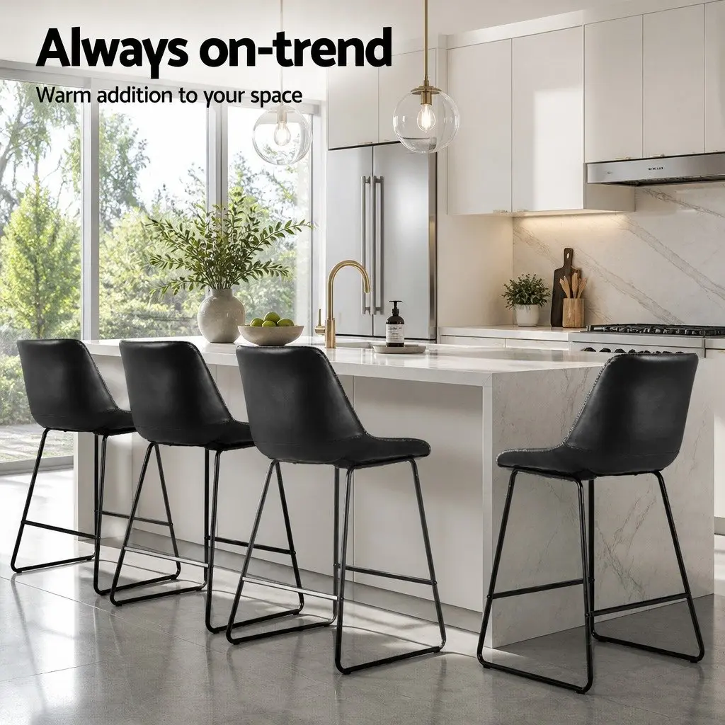 Bar Stools Padded Leather Seat Black Metal Frame Kitchen Counter Height 4 Piece