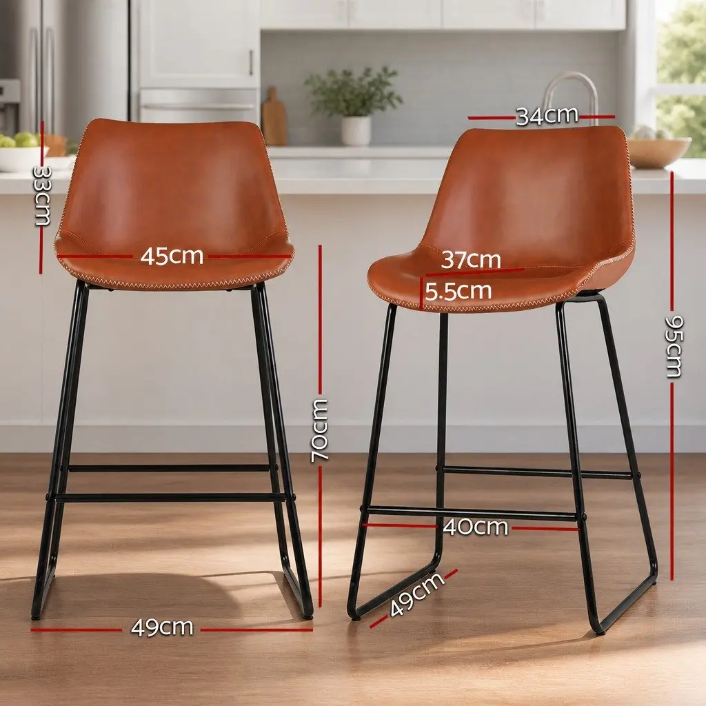 Bar Stools Brown PU Leather Upholstered Steel Frame 70cm Seat Height Set of 2