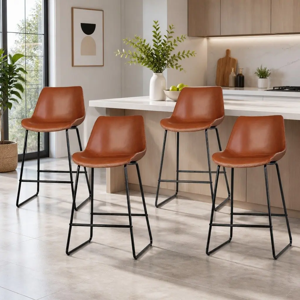 Bar Stools Set of 4 Brown Padded Seat Metal Legs Kitchen Dining Chair