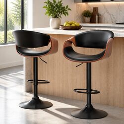 Bar Stools Gas Lift Black Leather Armrest Curved Backrest Set of 2 Adjustable