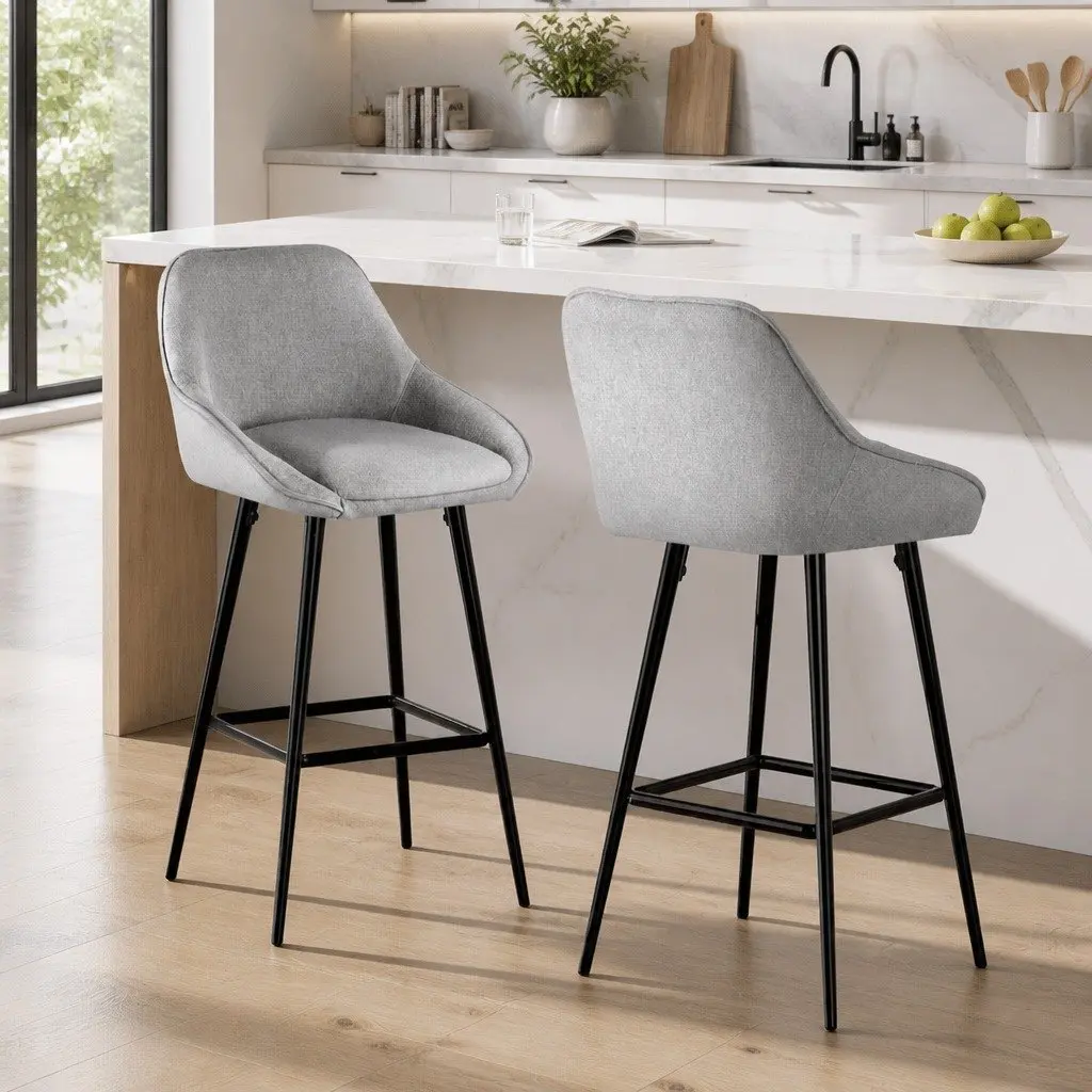 Bar Stools Set of 2 Upholstered Counter Seat Kitchen Dining Chairs Grey Padded