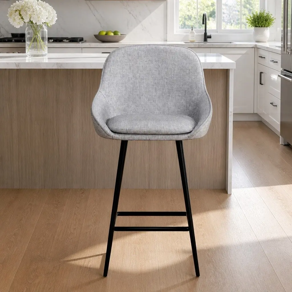 Bar Stools Set of 2 Upholstered Counter Seat Kitchen Dining Chairs Grey Padded