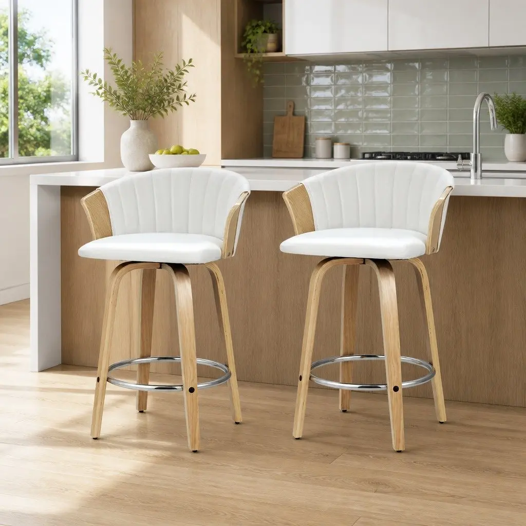 Bar Stools Swivel White Leather Padded Seat 66cm Height 2 Piece