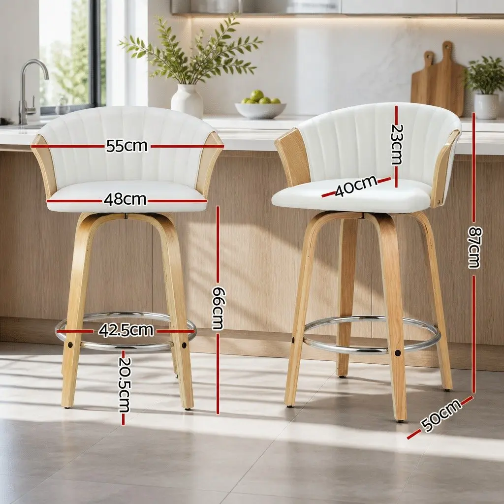 Bar Stools Swivel White Leather Padded Seat 66cm Height 2 Piece