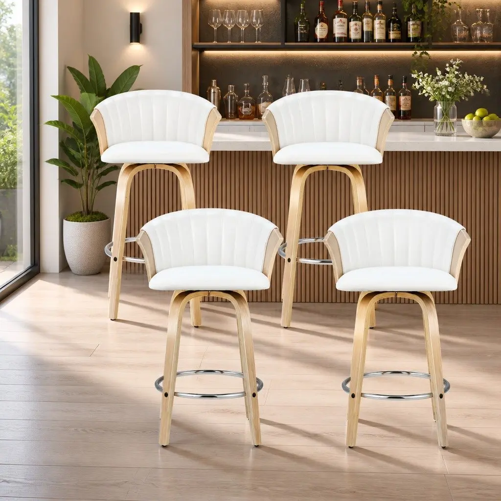 Bar Stools Swivel Chairs Leather Padded Seat Backrest Set of 4 66cm Height White