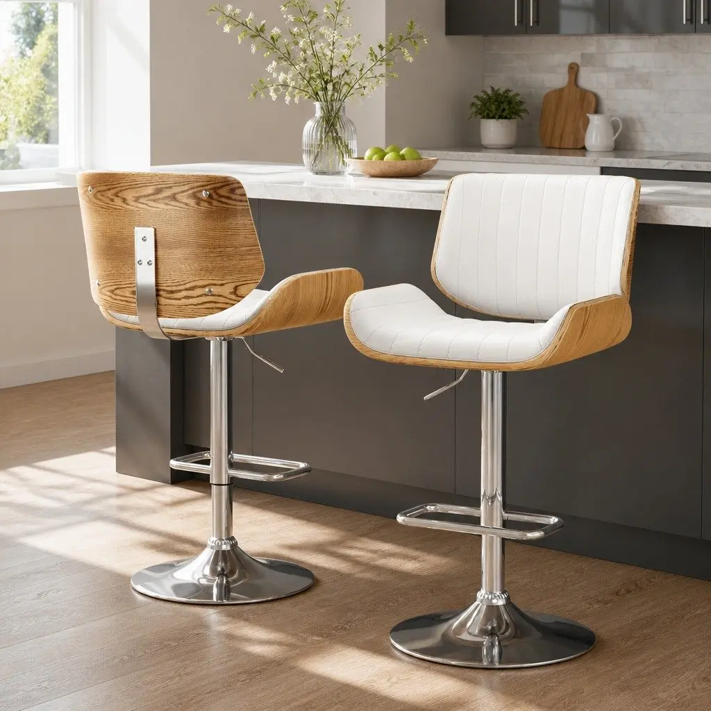 Bar Stools Adjustable Swivel Leather Chairs Set of 2 White Contemporary Design