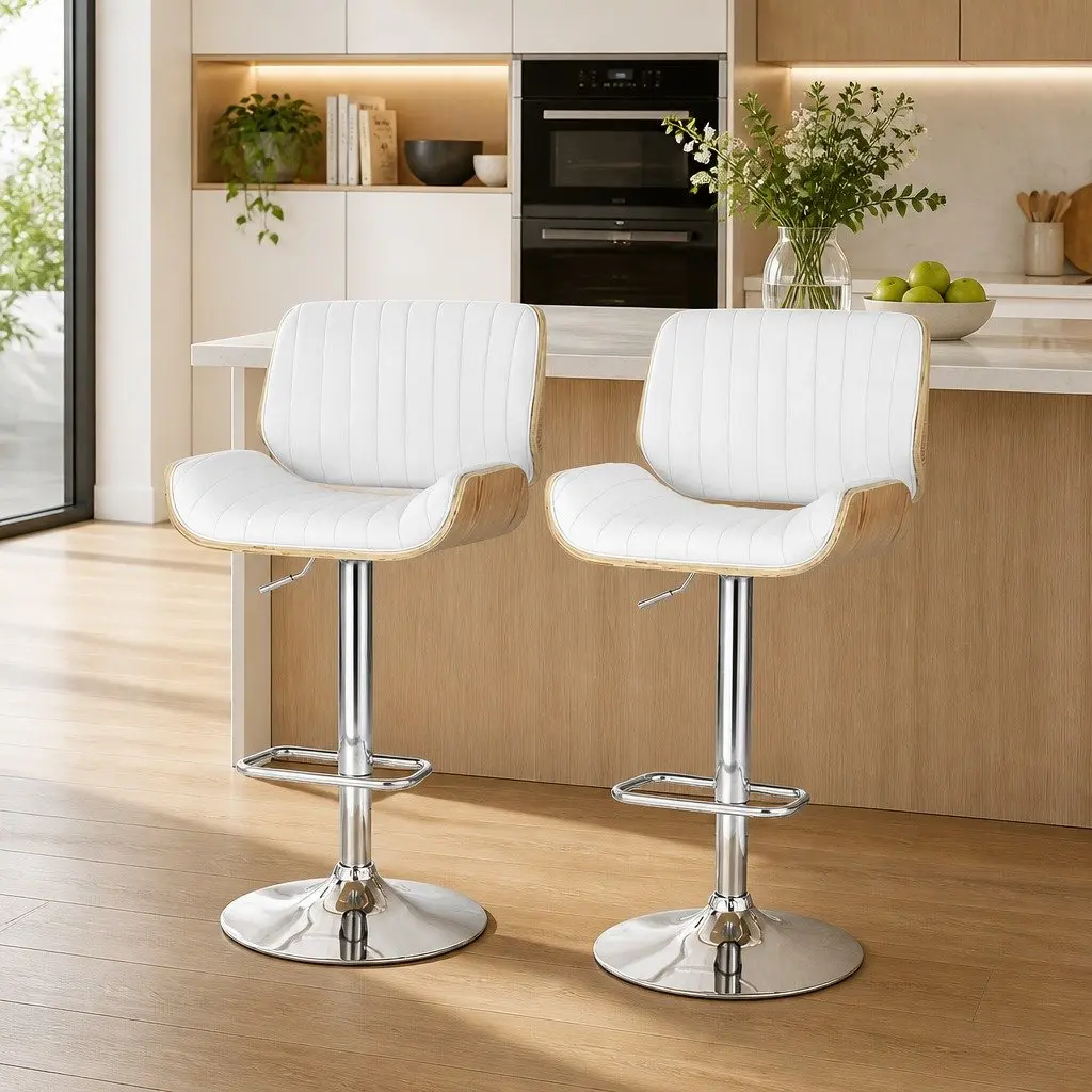 Bar Stools Adjustable Swivel Leather Chairs Set of 2 White Contemporary Design