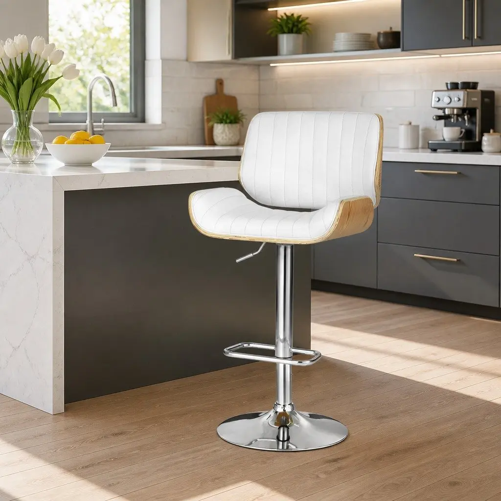 Bar Stools Swivel Wooden Seat White Adjustable Height Padded Kitchen Chair