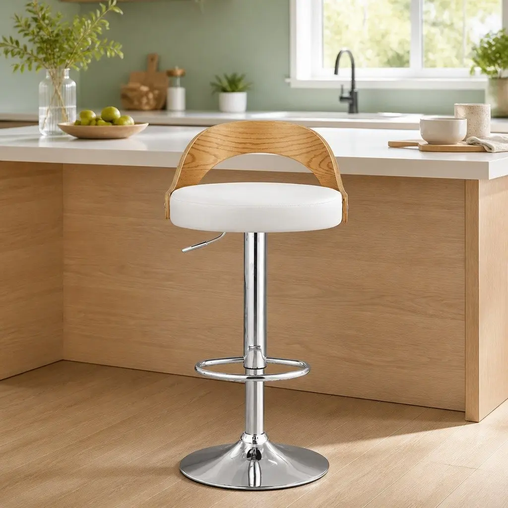 Adjustable Bar Stools White Padded Seat 360° Swivel Chrome Base Set of 2