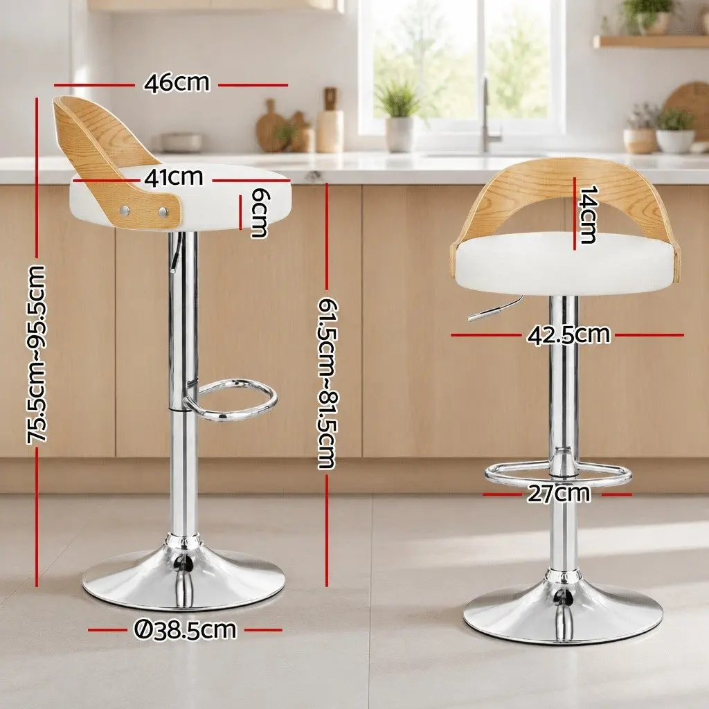 Adjustable Bar Stools White Padded Seat 360° Swivel Chrome Base Set of 2