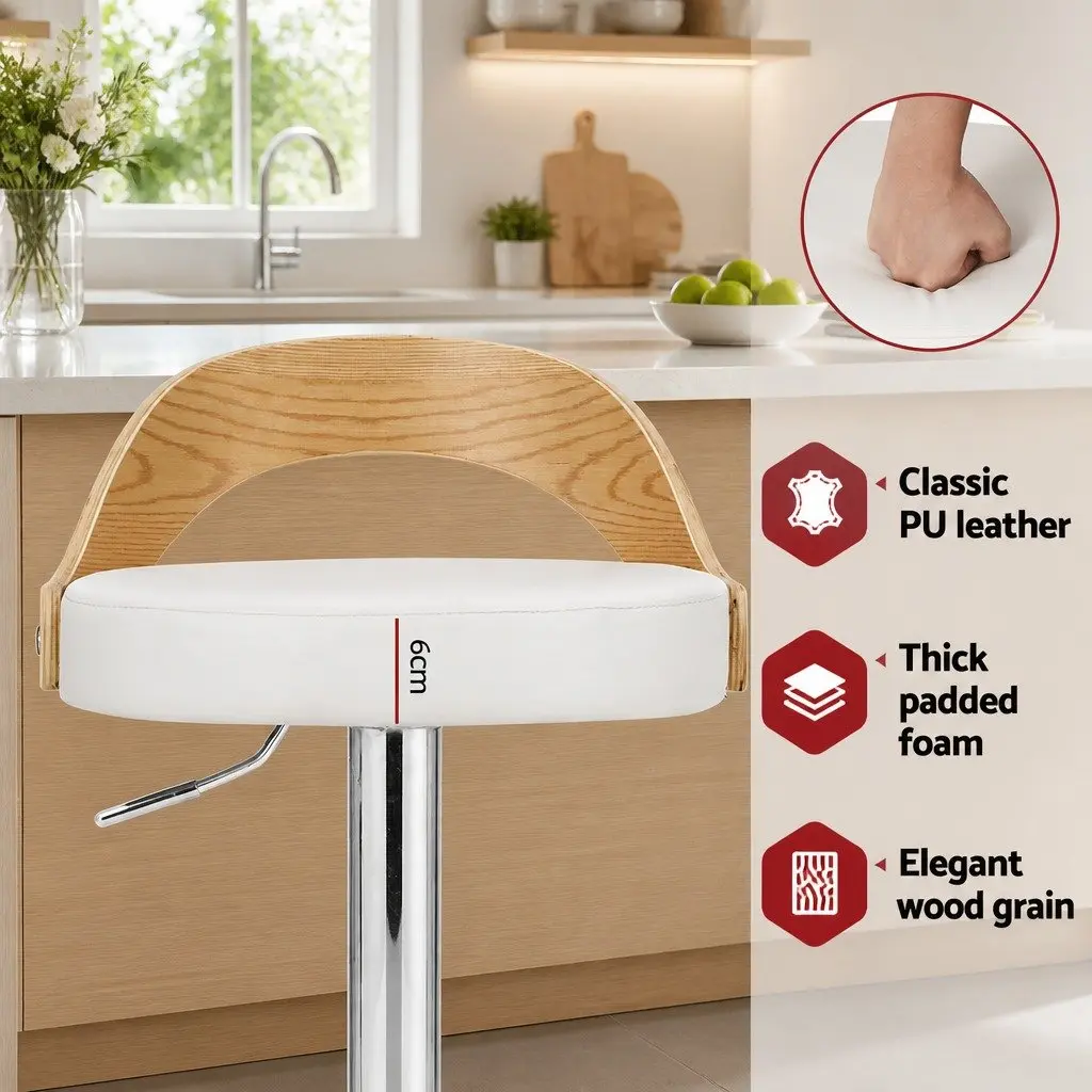 Adjustable Bar Stools White Padded Seat 360° Swivel Chrome Base Set of 2