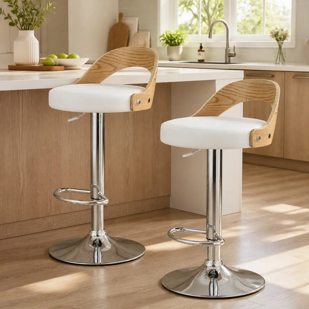 Adjustable Bar Stools White Padded Seat 360° Swivel Chrome Base Set of 2