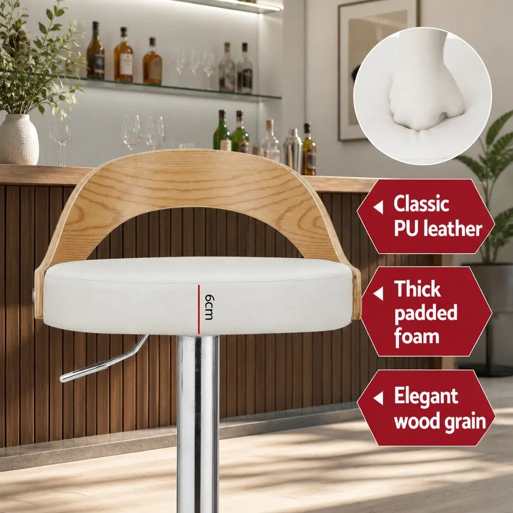Bar Stools Adjustable Curved Bentwood Seat 360 Swivel Chrome Base White