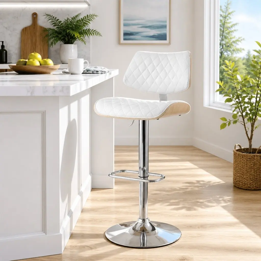 Bar Stools White Padded Seat Gas Lift Swivel 50cm W x 41cm D x 93-115cm H Set of 2