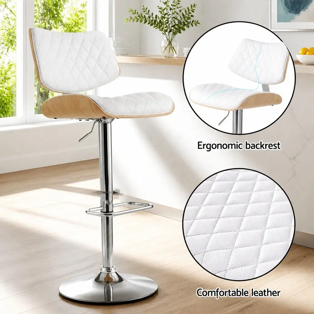 Bar Stools White Padded Seat Gas Lift Swivel 50cm W x 41cm D x 93-115cm H Set of 2