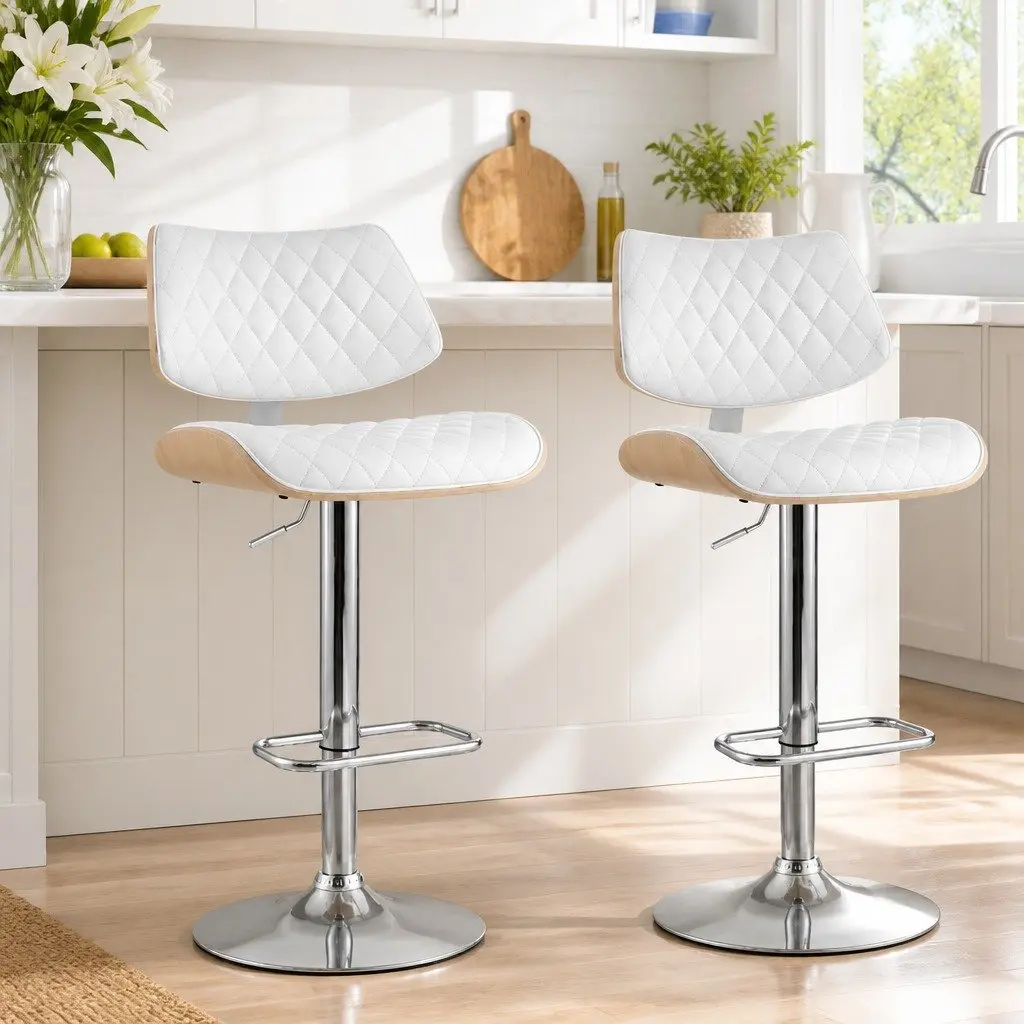 Bar Stools White Padded Seat Gas Lift Swivel 50cm W x 41cm D x 93-115cm H Set of 2
