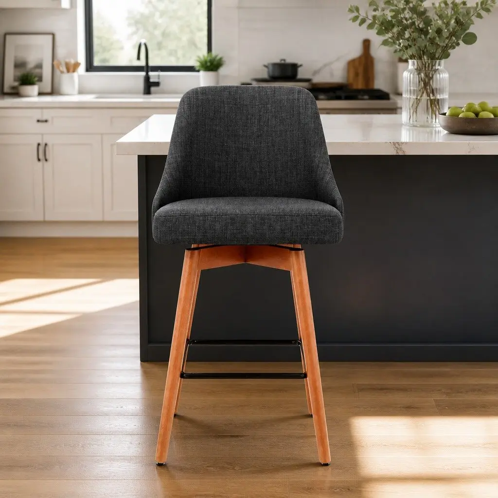 Bar Stools Swivel Seat Wooden Charcoal Padded Backrest 44cm W x 44cm D x 96cm H Set of 2