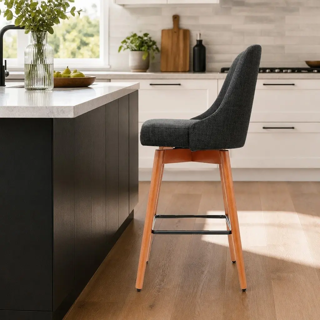 Bar Stools Swivel Seat Wooden Charcoal Padded Backrest 44cm W x 44cm D x 96cm H Set of 2