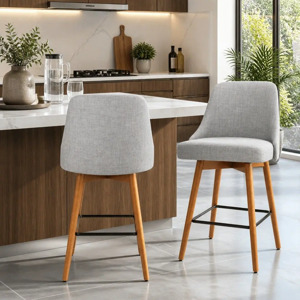 Bar Stools Swivel Seat Wooden Light Grey Kitchen Counter Height 44 cm W x 44 cm D x 96 cm H Set of 2